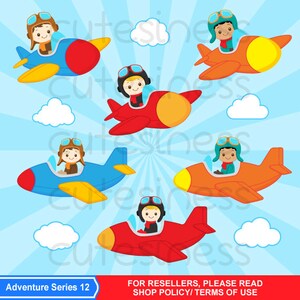 May include: Six cartoon illustrations of children dressed as pilots flying airplanes against a blue sky with white clouds. The airplanes are red, blue, and orange with yellow accents. The text "Adventure Series 12" is at the bottom of the image.