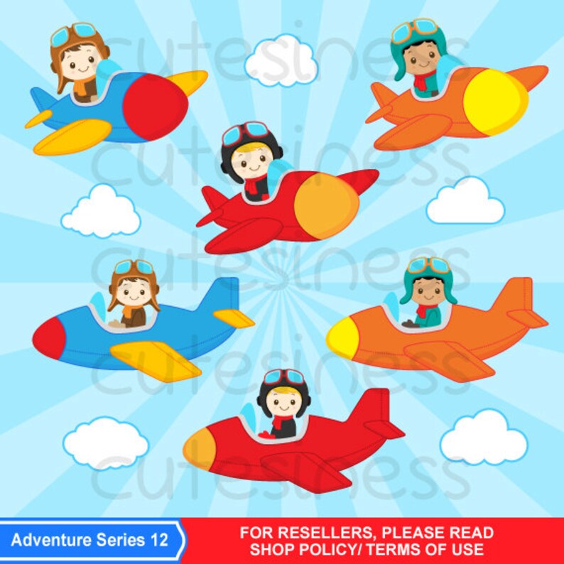 May include: Six cartoon illustrations of children dressed as pilots flying airplanes against a blue sky with white clouds. The airplanes are red, blue, and orange with yellow accents. The text "Adventure Series 12" is at the bottom of the image.