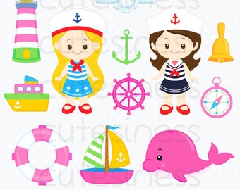 Sailor Clipart, Sailor Mädchen Clipart, Seemann Clipart, Nautische Grafik, Schiff Yacht Segelboot Clipart, Nautische Clipart