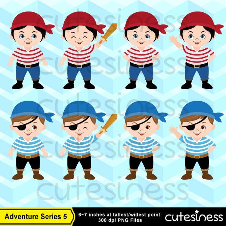 May include: Set of eight digital illustrations of a cartoon pirate boy in various poses. The boy is wearing a blue and white striped shirt, blue pants, a blue bandana, and an eye patch. He is holding a sword in one image and has his arms crossed in another. The images are suitable for use in digital scrapbooking, card making, and other craft projects.