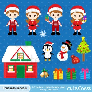 May include: A set of Christmas clip art images featuring a red and white log cabin, a penguin, a snowman, a Christmas tree, a gift bag, a snowflake, and four children wearing Santa hats and red and white outfits. The images are approximately 6-7 inches tall and wide and are 300 dpi PNG files.