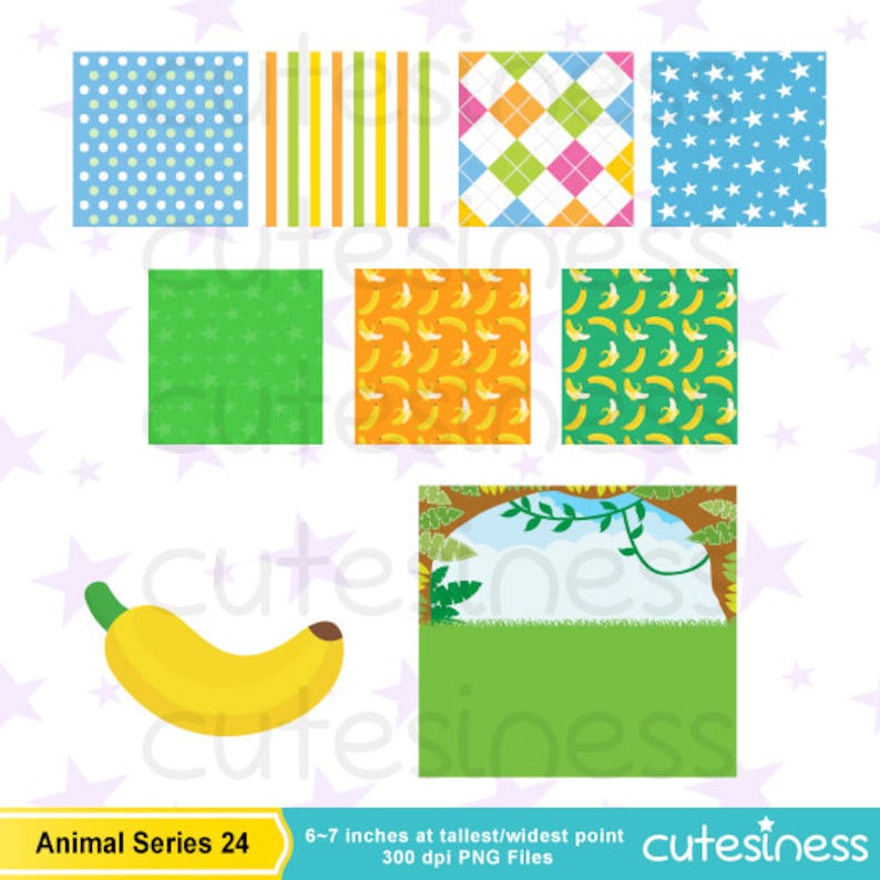 May include: A set of digital papers featuring various patterns, including polka dots, stripes, argyle, stars, and bananas. The set also includes a jungle scene with a banana and a green background. The papers are 6-7 inches at their tallest or widest point and are 300 dpi PNG files.