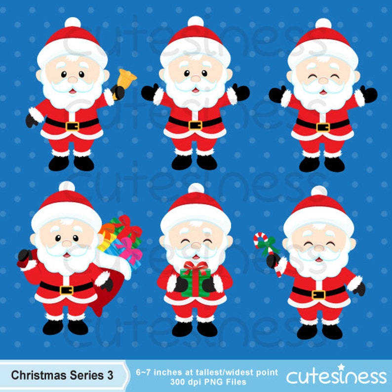 May include: Set of six digital illustrations of Santa Claus in various poses. Santa is wearing a red suit with white trim, black boots, and a white beard. He is holding a bell, a bag of presents, a gift box, and a candy cane. The illustrations are on a blue background with white polka dots.