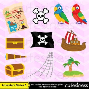 May include: A set of 10 digital clipart images featuring pirate themed illustrations. The images include a treasure map, a skull and crossbones, a pirate ship, a treasure chest, a telescope, a pirate flag, a palm tree, and a net. The images are in a cartoon style and are perfect for use in digital projects.