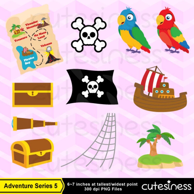 May include: A set of 10 digital clipart images featuring pirate themed illustrations. The images include a treasure map, a skull and crossbones, a pirate ship, a treasure chest, a telescope, a pirate flag, a palm tree, and a net. The images are in a cartoon style and are perfect for use in digital projects.