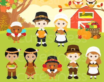 Könnte beinhalten: Ein Set mit Thanksgiving-motivischem digitalem Clipart mit verschiedenen Charakteren, darunter Pilger, amerikanische Ureinwohner, Truthähne und Eulen. Die Charaktere sind im Cartoon-Stil illustriert und vor einem Hintergrund aus Herbstlaub und einer roten Scheune platziert. Der Text "Thanksgiving Series 1" und "cutesiness" ist ebenfalls im Bild enthalten.