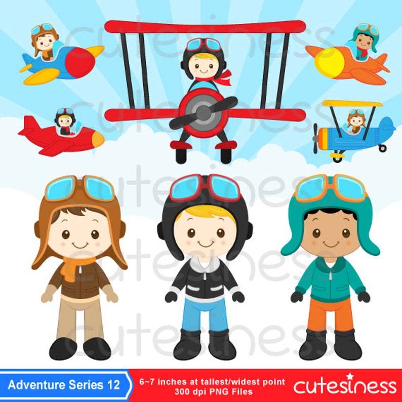 May include: A set of 10 digital clipart images featuring cute cartoon pilots wearing aviator goggles and flying airplanes. The airplanes are red, blue, and orange. The pilots are wearing brown, blue, and green flight suits. The images are perfect for creating invitations, party decorations, or scrapbooking projects.