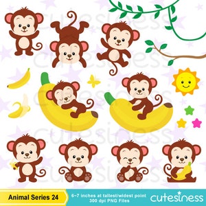 May include: A set of 10 digital illustrations featuring cute cartoon monkeys in various poses. The monkeys are brown with pink cheeks and are holding bananas, sleeping on bananas, and swinging from vines. The set also includes a yellow sun with a smiling face and colorful stars.