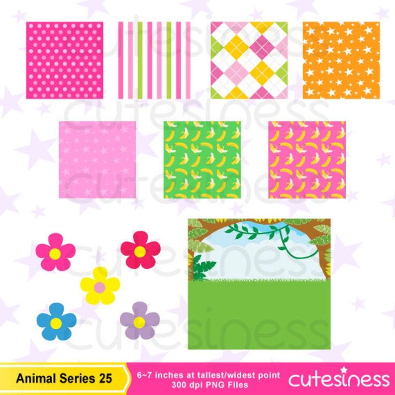 May include: A set of digital scrapbook paper featuring various patterns, including polka dots, stripes, argyle, stars, and bananas. The set also includes a jungle scene with a vine-covered archway and a green grassy area. The paper is designed for use in digital scrapbooking and crafting projects. The text "Animal Series 25" and "cutesiness" are included in the image.