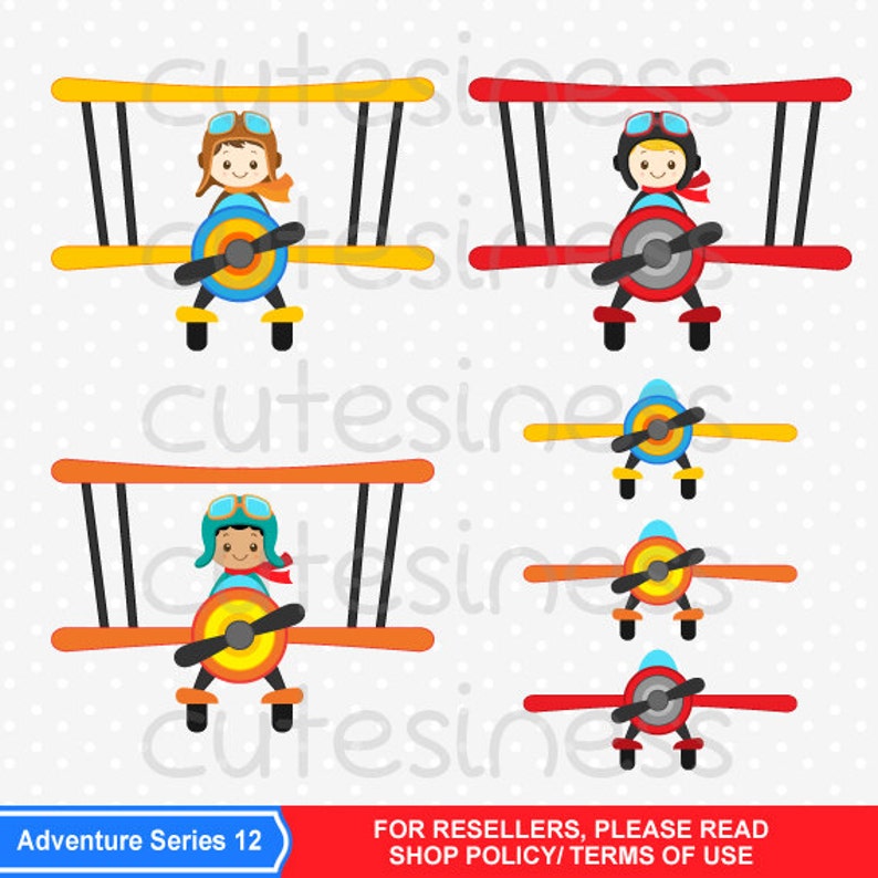 May include: Set of six digital illustrations of a cartoon pilot flying a biplane. The planes are red, orange, yellow, and blue. The pilot is wearing a blue helmet, goggles, and a red scarf. The illustrations are perfect for creating invitations, party decorations, or scrapbooking.