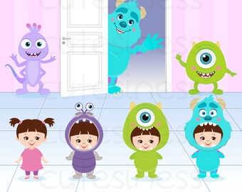 May include: A set of 10 digital clip art images featuring characters from the movie Monsters Inc. The images include Sully, Mike, Boo, and other characters. The images are in PNG format and are 300 dpi. The images are 6-7 inches at their tallest or widest point.