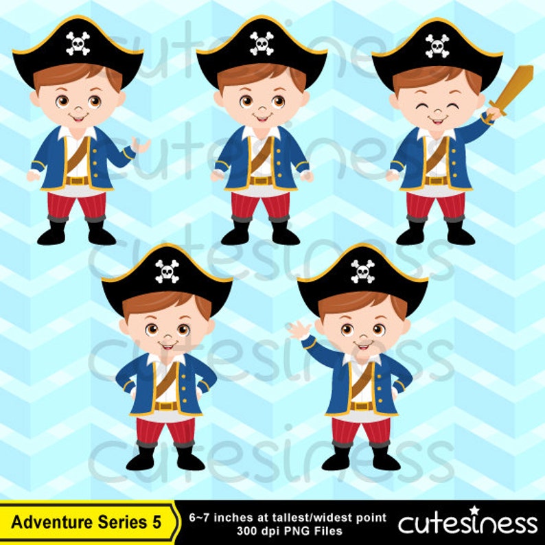 May include: Five digital illustrations of a cartoon pirate boy in different poses. The boy is wearing a blue and red pirate costume with a black hat and a skull and crossbones design. The illustrations are on a blue and white chevron background.