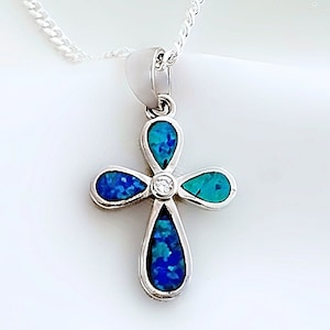 sterling silver Opal Cross necklace, silver simulated opal Cross necklace. Choose chain. Baptism Gift, First Communion Gift. Confirmation.