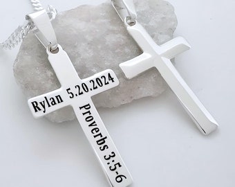 Personalized Men&#39;s Cross Necklace Engraved Sterling Silver Cross Unisex. Hypoallergenic, Choose chain. 5142-