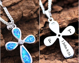 Opal Engraved Cross necklace. Choose A Chain. Blue Opal Personalized Cross necklace. First communion. Personalized Confirmation.