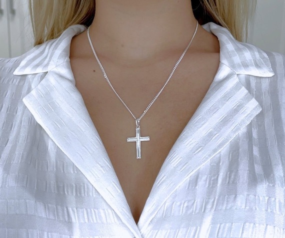 Ciondolo Croce Sterling Collana Croce Uomo Donna In Argento Sterling 925 Con Catena Cubana 5mm Acciaio Inox - Lunghezza 16-30 Pollici Collane Uomo Argento - Foto 4