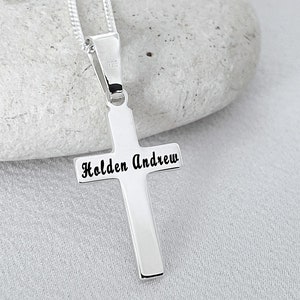 Godson Cross Necklace Sterling Silver Small Cross Necklace, Laser Engraved Cross customized Youth Boys Cross, Choose Italian Chain. 5146