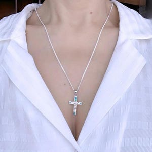 Sterling Silver Crucifix Necklace. Silver blue opal Cross necklace. Silver Cross necklace. 06