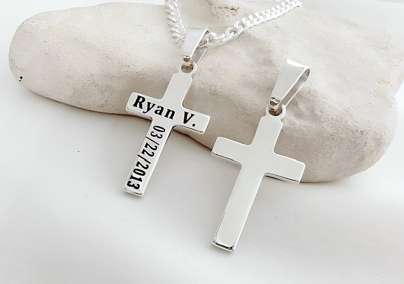 Girls Cross Necklace Sterling Silver Customized Cross Necklace, Boys Cross Necklace. Personalized Engraving. Choose Italian Chain. R-5118 image 4