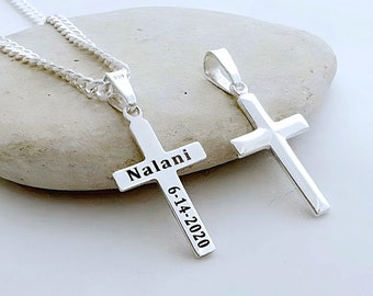 Engraved Cross small cross. Sterling Silver Cross Necklace, Laser Engraving. Graduation customized Name Cross, Choose Italian Chain. 5141