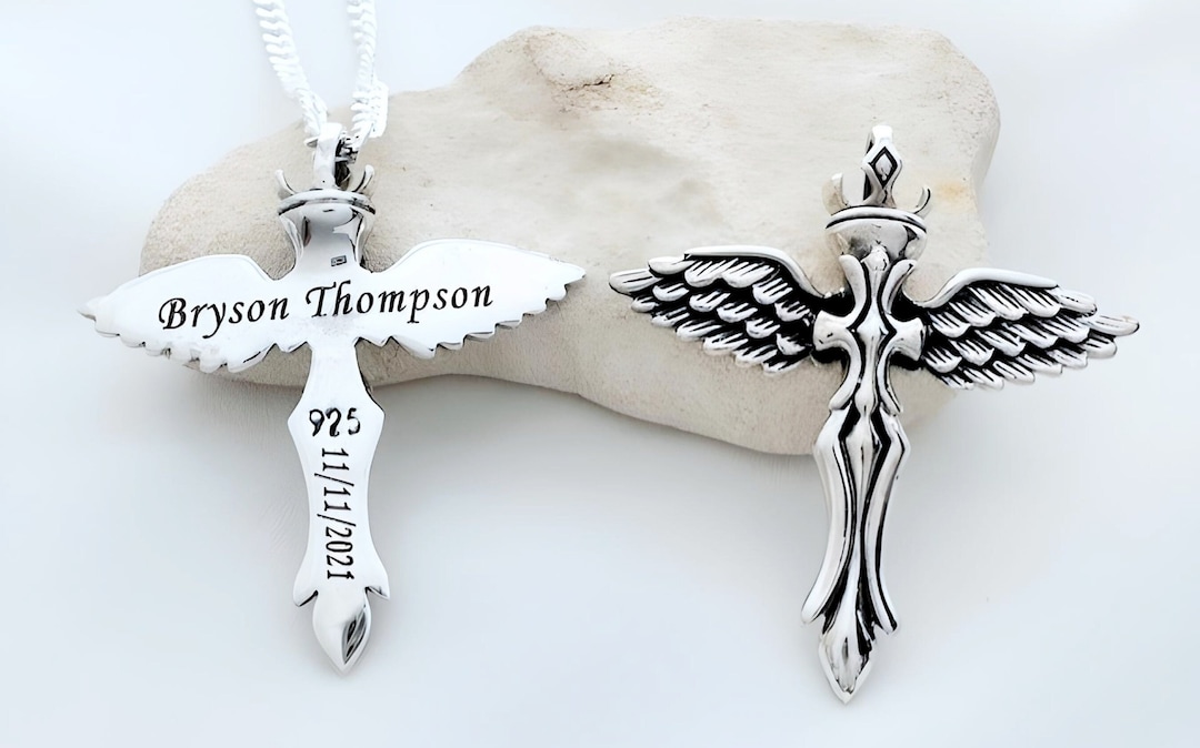 Personalized Wing Cross Necklace in Sterling Sterling Silver. 925