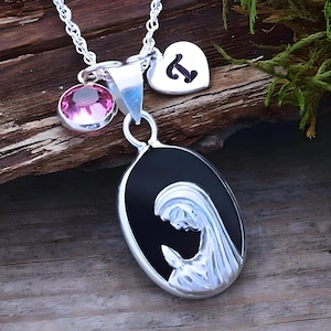 925 Sterling Silver Virgin Mary medallion necklace, personalized 2 charms Initial Birthstone Virgin Mary necklace, chose chain