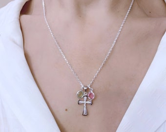 Sterling Silver Cross Necklace, Select 1 Initial And 1 Birthstone OR Wing. Cubic Zirconia Cross. Baptism Gift. Choose Chain