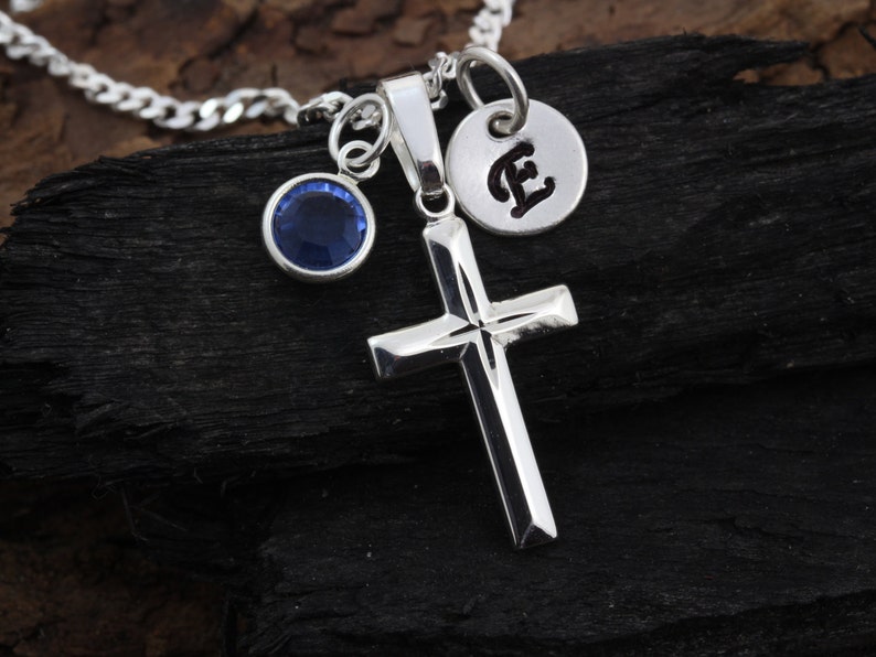 silver cross Girl Small Sterling Silver Cross Necklace Boys 5146 Sterling silver cross necklace with 2 charms to choose Teens gift