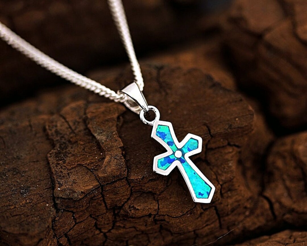 Sterling Silver Small Cross Necklace for Girls and Women Blue Etsy