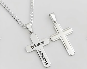 Sterling Silver Engraved Cross Necklace Mens Cross Customized Cross Mens. Personalized Cross UNISEX. Choose chain. 5153