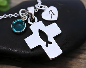 Sterling silver Christian Cross. Fish Cross Necklace. Jesus Fish Ichthys Christian Symbol Pendant and Necklace.  choose to 2 charms & chain