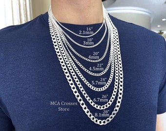 Solid 925 Sterling Silver Curb Chain Necklace Thick Chains For Men 18" to 28" Delicate Chain For women. Chains For Kids Babies 14"15"