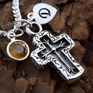 Small Sterling Silver Fleur Cross Necklace, Customized Initial & Birthstone Included. High relief Cross Pendant. choose Italian chain.