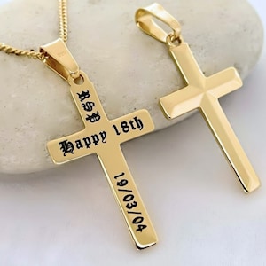 Engraved Gold Cross Necklace For Men. Personalized Gold Cross necklace. Classic Cross 1-micron thick gold Over Silver. ThickMen Chain. 5142-