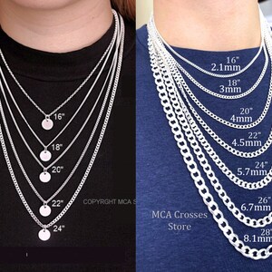 May include: A comparison chart of silver chains in different lengths and widths. The left side shows cable chains in lengths from 16 to 24 inches. The right side shows curb chains in lengths from 16 to 28 inches. Each chain is labeled with its length and width in inches and millimeters.