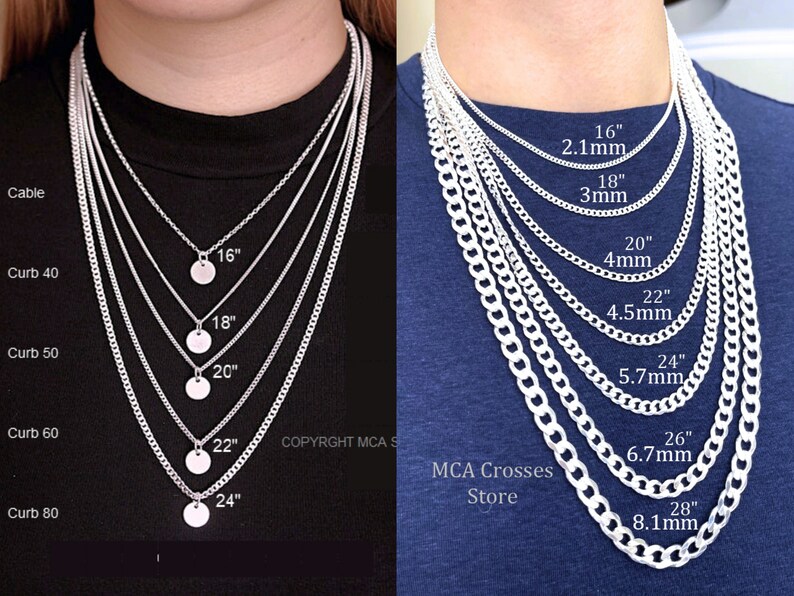 May include: A comparison chart of silver chains in different lengths and widths. The left side shows cable chains in lengths from 16 to 24 inches. The right side shows curb chains in lengths from 16 to 28 inches. Each chain is labeled with its length and width in inches and millimeters.