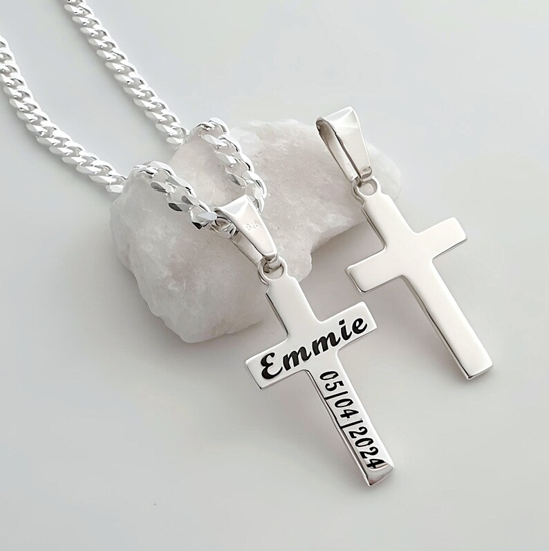 Girls Cross Necklace Sterling Silver Customized Cross Necklace, Boys Cross Necklace. Personalized Engraving. Choose Italian Chain. R-5118 image 1