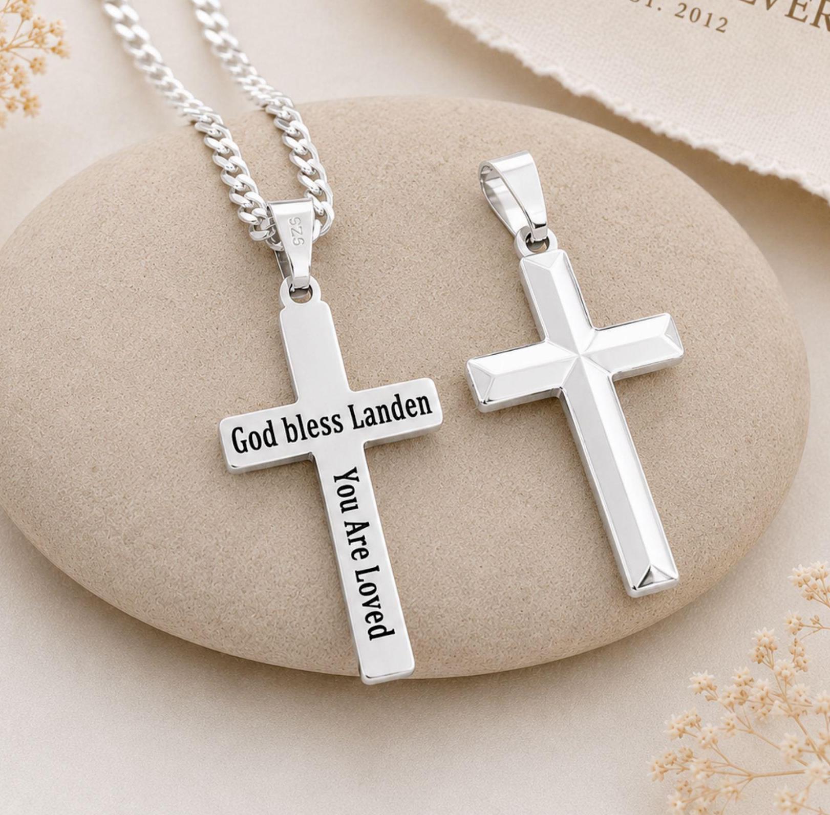 Personalized Men's Cross Necklace Engraved Sterling Silver Cross
