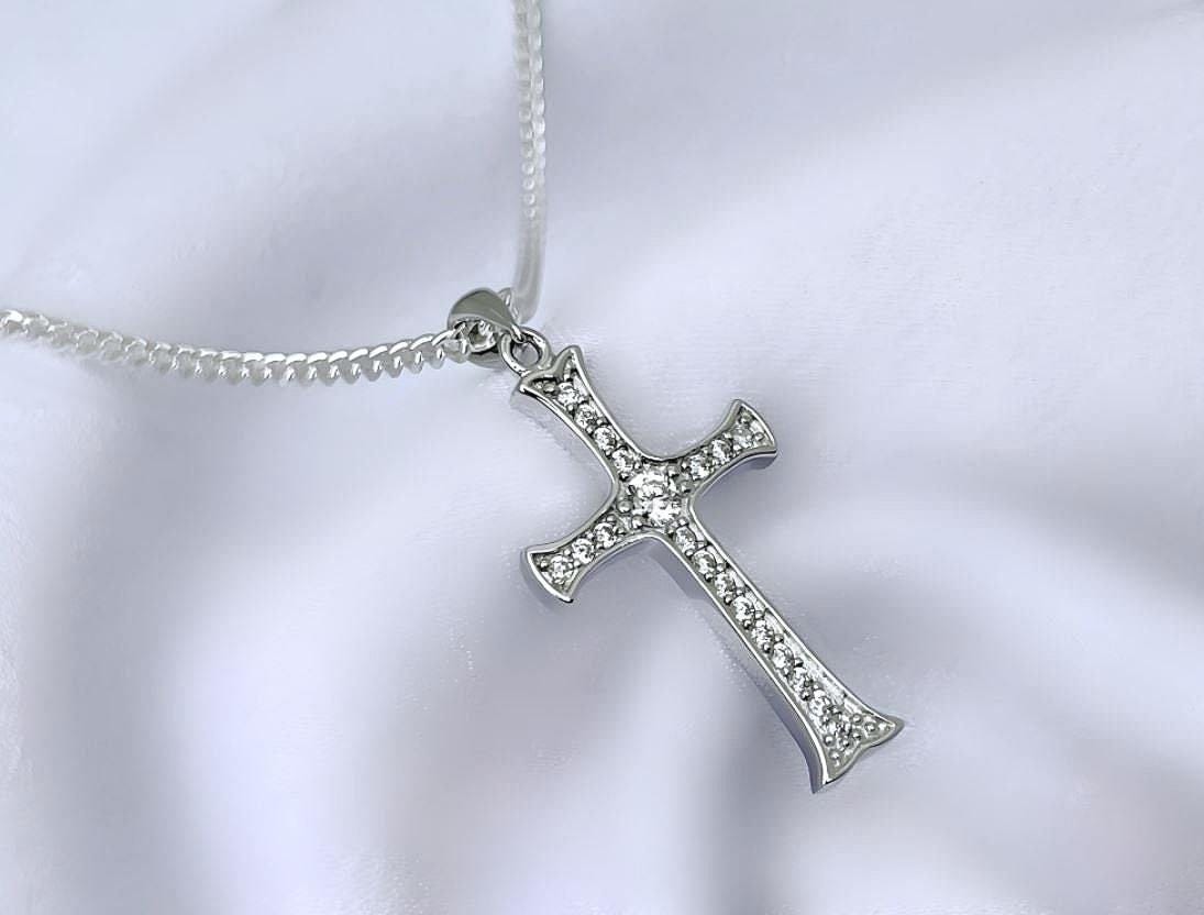 Sterling Silver CZ Cross Necklace. Choose Chain. Graduation Gift