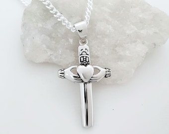 Sterling Silver Claddagh Cross Necklace, Celtic Knot Pendant. Choose chain. 5522