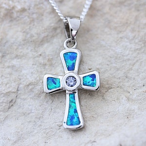 Blue Opal Cross, 925 sterling silver Opal Cross necklace With amethyst stone Center, Girls, Woman Cross. simulated Opal Cross. Choose chain.