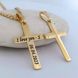 Engraved Gold Cross Necklace For Men Personalized Gold Cross Necklace. Elegant, Classic Gold Cross. Gold Over sterling Silver. 5142