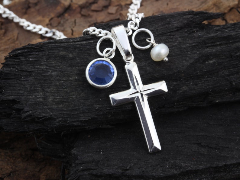 silver cross Girl Small Sterling Silver Cross Necklace Boys 5146 Sterling silver cross necklace with 2 charms to choose Teens gift