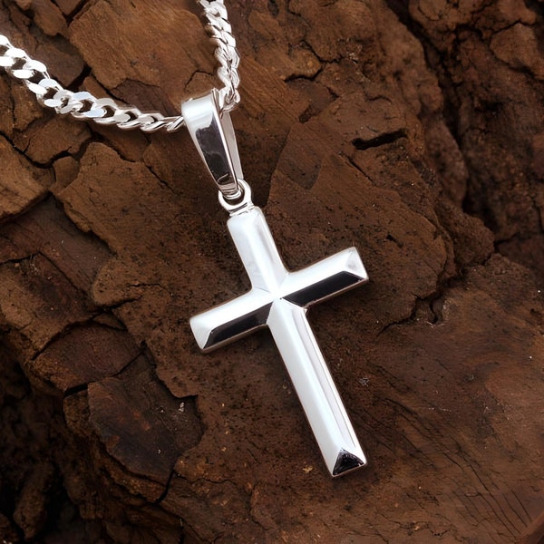 Small Silver Cross Necklace Baptism, First Communion Boys Cross Charm, Cross for Girls. Choose Italian chain. 5141