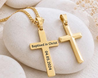 Personalized Laser Engraved Gold Cross Necklace Customized Cross. Select Chain Thick Chain Extra Length Choices. 5142 #