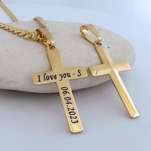 Personalized Laser Engraved  Gold Cross Necklace. Men Chain 4mm. Customized Gold Cross Necklace. Choose Chain. 5142-