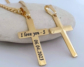 Personalized Laser Engraved  Gold Cross Necklace. Men Chain 4mm. Customized Gold Cross Necklace. Choose Chain. 5142-