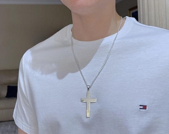 Sterling Silber Flach Kreuz Halskette 50 mm x 35 mm, Großes Unisex Kreuz. Dicke Kette für Männer (längere Längen erhältlich) oder dünn für Frauen 5102 #