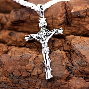Crucifix Pendant Necklace. sterling silver Jesus Christ crucifix Cross. Silver cross necklace. Virgin Mary at the back. Choose chain