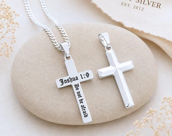 Personalized Men's Cross Necklace Engraved Sterling Silver Cross Unisex Hypoallergenic, Choose Men Thick Chain Women Thin Chain. 5142 #